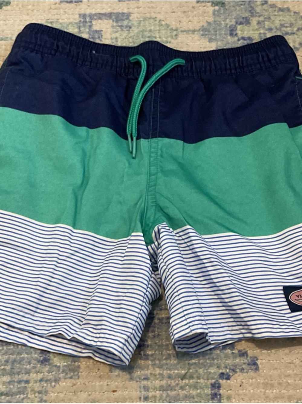 Vineyard Vines Boys Colorblock Green Navy Striped Swim Trunks